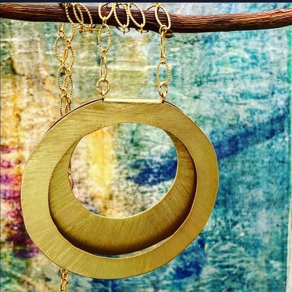 Long Geometric Circle Necklace, Gold Layering Necklace, Round Pendant, Open Circle Pendant Necklace