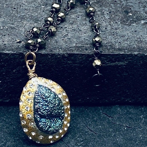 Swarovski Crystal Druzy Necklace, Modern Statement Necklace, Anniversary Gift, Includes Pyrite Chain