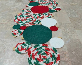 Jingle Bells Ornament Christmas Table Runner - Handmade Crochet Tablecloth for holidays - Heirloom piece - Made in Canada - Ready to ship