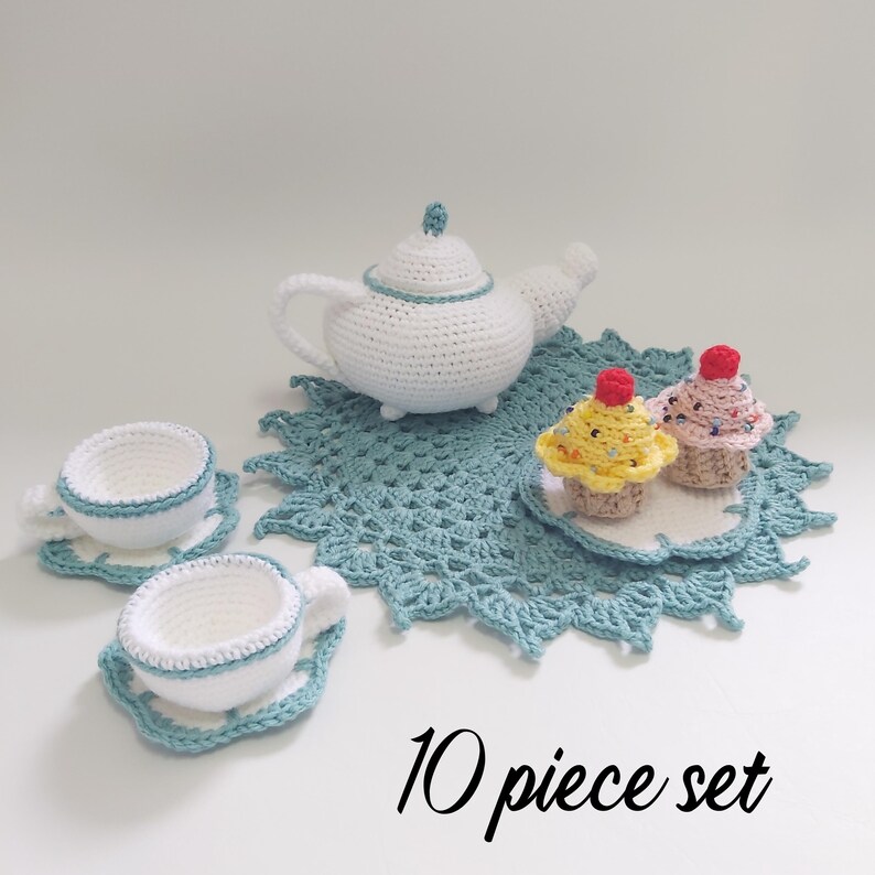 Toy Teapot playset - Children's Tea Party - Pretend Play teacups and dishes - crochet dessert Food - alice in wonderland 10 piece set only