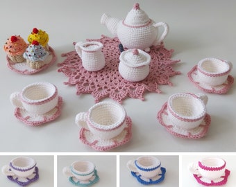 Toy Teapot playset - Children's Tea Party - Pretend Play teacups and dishes - crochet dessert Food - alice in wonderland