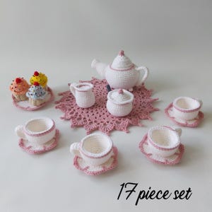 Toy Teapot playset - Children's Tea Party - Pretend Play teacups and dishes - crochet dessert Food - alice in wonderland Complete 17 pieces