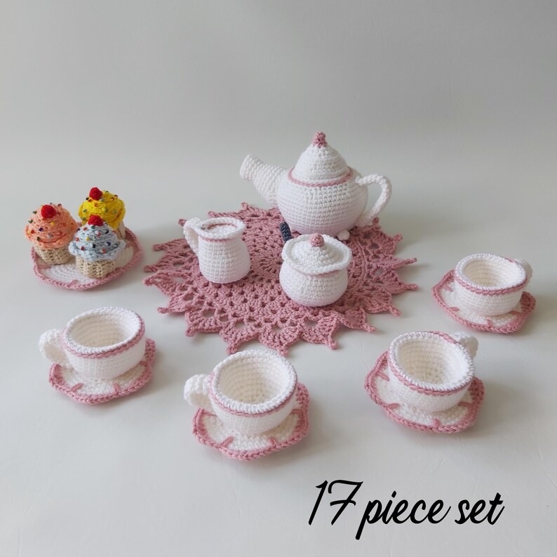 Toy Teapot playset - Children's Tea Party - Pretend Play teacups and dishes - crochet dessert Food - alice in wonderland Complete 17 pieces
