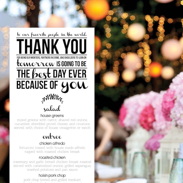 Modern "Thank You" Rehearsal Dinner Menu