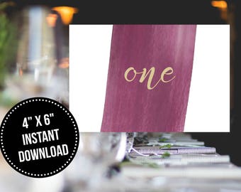 Modern Calligraphy Wine and Gold Watercolor Table Numbers Printable Instant Download (1 to 20)
