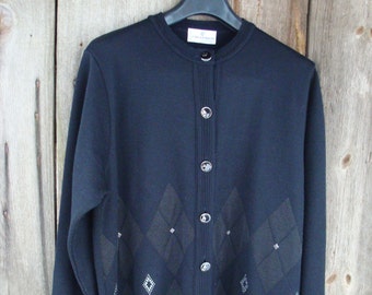Vintage Knitwear, Black Cardigan size L 50% Merino Wool CARLA FERRONI Women's Cardigan made in Italy. Black Wool Knit Jacket