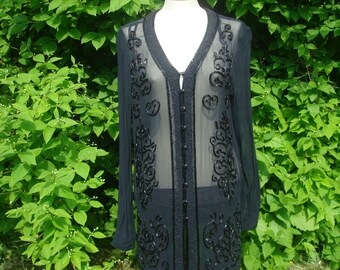 Vintage schwarze Perlen Viskose Bluse; Abend Top Grösse S