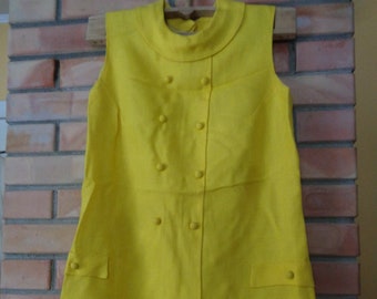 60s Vintage Mini Dress made in England; Yellow dress size S pit to pit 20"/ 51cm