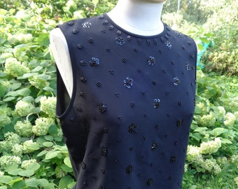Vintage Top size S; Black Top with Black Beads & Sequins; Black Polyester Sleeveless Blouse size UK 10 / Eur 38 / US 6