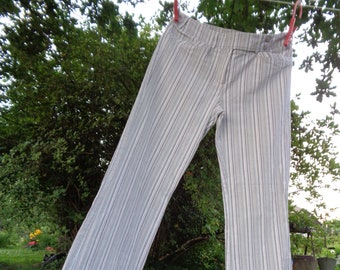 Vintage Pants; Dove Gray Striped Cotton Pants with Elastane; Low Rise Bell Bottom Pants size UK 12 LONG / Eur 40 / US 8; to fit hip 39"