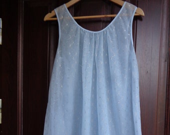 Vintage pale blue Nylon Negligée, See through Babydoll mini nightgown size M/L