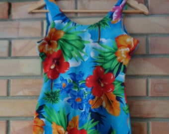 90s Vintage tank dress made in UK, Vivid tropical print super mini dress size S, length 28"/ 71cm