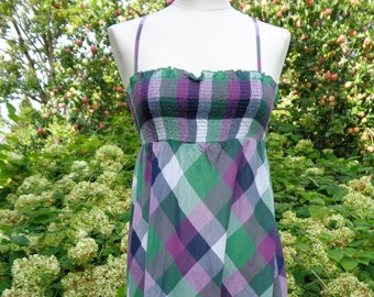 Vintage Dress size XS / S; Green & Purple Cotton Dress; Elevated Waist Strap Dress; Lightweight Batiste Dress to fit Bust 32"-34" (81-86cm)