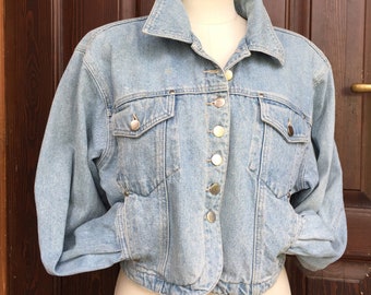 Vintage cotton denim cropped jacket size S/M, Light Blue short jean jacket