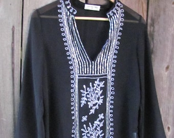 Vintage black chiffon tunic with pale blue embroidery & sequins size M