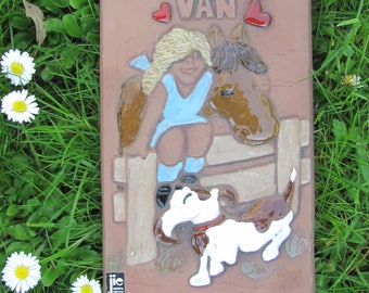 Swedish Vintage Ceramic Wall Plaque / Ceramic Tile 486 with Girl, Horse and Dog; Jie Gantofta by Bengt; Studio Pottery Wall Hanging