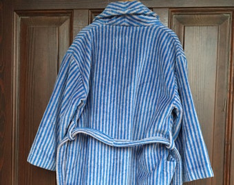 Finnish vintage RATIA Bath Robe, Blue & Gray Striped Terry cloth Bathrobe, Kid's Dressing Gown size 120