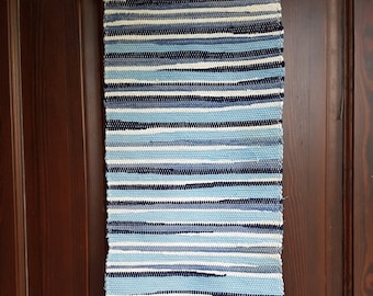 Swedish vintage rag rug 14"x 35" White & Blue striped rug