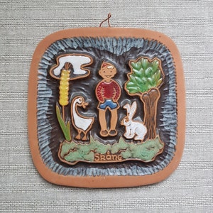 Swedish vintage ceramic Wall Hanging tile SKANE by Berth Ferdinand Norrman size 6&quot;x 6&quot;