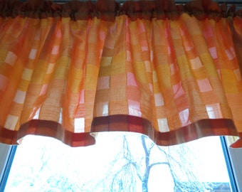 Vintage curtain valance H18"x W98" Dark Yellow & Orange curtain with woven check pattern; Kitchen curtain