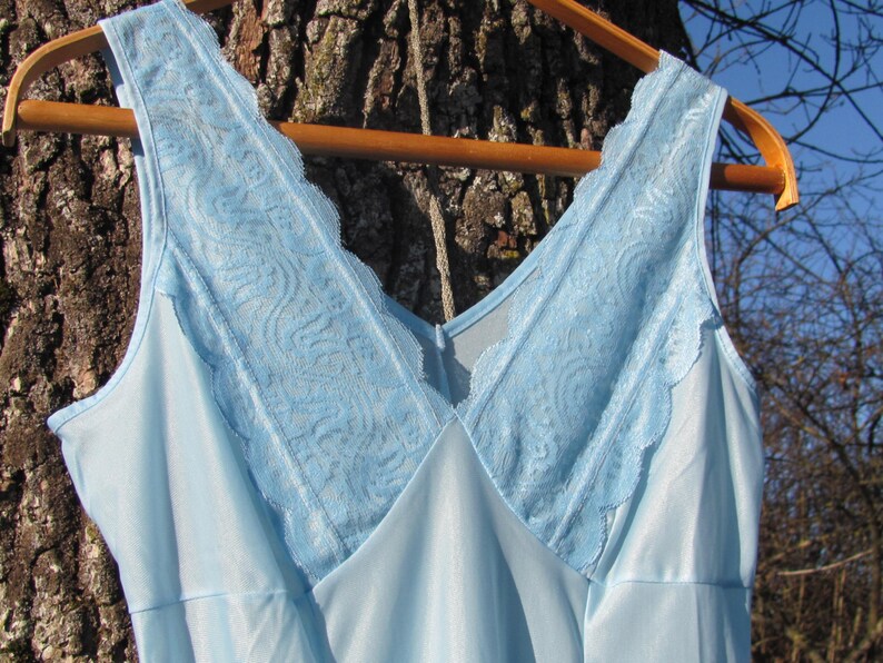 Vintage Full Slip Lingerie Light Blue Nylon Full Slip with Lace Vintage Sleepwear / Nightgown / Full Slip Size S to M image 3