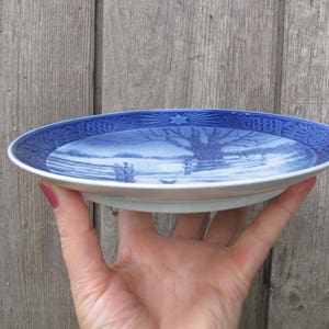 May include: A blue and white ceramic plate with a winter scene design. The plate features a tree, a river, and a snowy landscape.