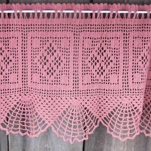 Vintage Crochet Curtain Panel; Dusty Pink Crochet Panel; Old Pink Cotton Crochet Valances; Window Decor; Cafe Curtains; Kitchen Curtains