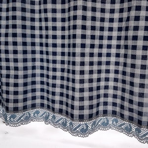 Swedish vintage kitchen curtain; Blue & White gingham print cotton curtain with lace H22"x W42"