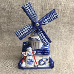 Dutch vintage hand painted Delft Blue Porcelain Windmill house with girl