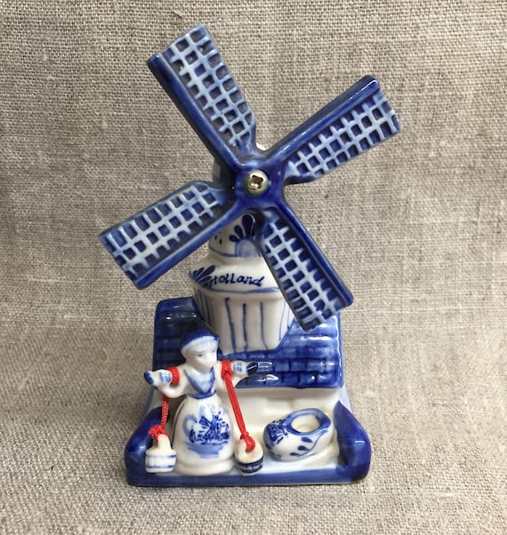 オランダのヴィンテージ手描きデルフトブルー磁器風車の家と女の子