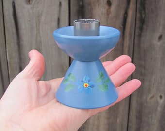 Swedish vintage wooden candlestick holder; Blue candle holder with hand painted floral motif