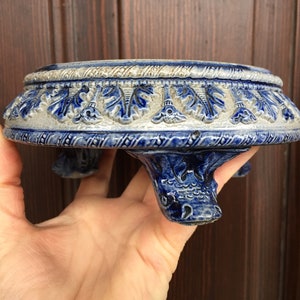 Rare German Antique Westerwald Pottery, Gray & Blue Salt Glazed Stoneware footed dish