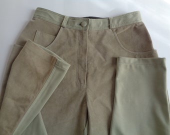 Vintage Pants; High Rise Tapered Leg Leather & Jersey Pants GB14 / US10 Pale Olive Green Suede Pants with Stretch Fabric Back. Waist 30"