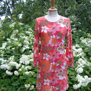 70s Swedish Vintage Dress Vivid Floral Motif Boho Dress Pink & Orange Mini Dress Size XS, S Swedish Design JANSTORP Dress, Jersey Dress image 1