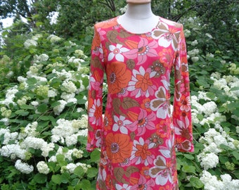 70s Swedish Vintage Dress; Vivid Floral Motif Boho Dress; Pink & Orange Mini Dress Size XS, S; Swedish Design JANSTORP Dress, Jersey Dress