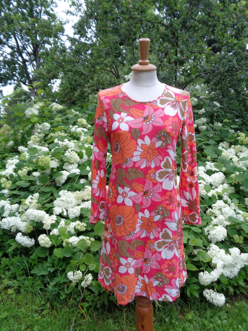 70s Swedish Vintage Dress Vivid Floral Motif Boho Dress Pink & Orange Mini Dress Size XS, S Swedish Design JANSTORP Dress, Jersey Dress image 1