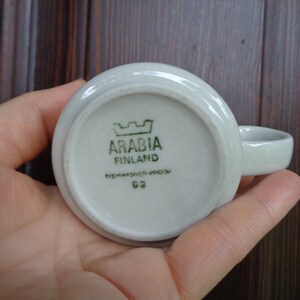 Puede incluir: Una peque&ntilde;a taza de cer&aacute;mica blanquecina con un asa redondeada. La base de la taza muestra el texto "ARABIA FINLAND" y "DISHWASHER-PROOF 63" en verde. La taza est&aacute; sujeta en una mano.
