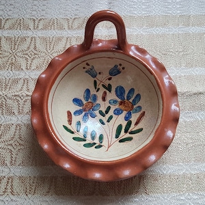 Swedish vintage signed pottery dish, Olof Larsson hand painted bowl with ruffle top rim
