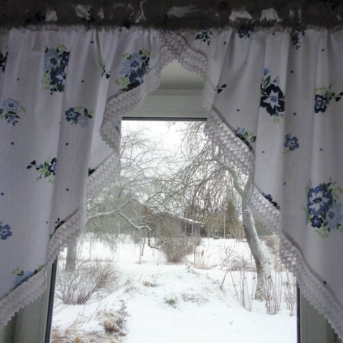 Rideau de cuisine vintage, rideaux festonnés en coton blanc et dentelle avec imprimé fleur bleue