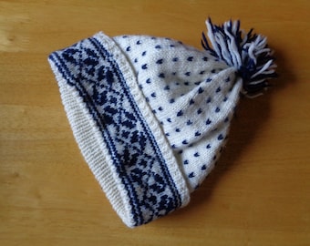 Scandinavian vintage knitted wool Beanie hat; Off White & Navy Blue Nordic pattern adult hat