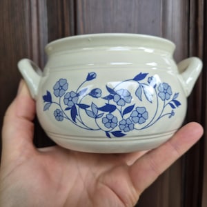 Può includere: Ciotola in ceramica color crema con due manici, decorata con un motivo floreale blu. La ciotola ha una forma arrotondata ed è tenuta in mano. Un classico per servire o decorare, con un diametro di circa 15 cm.