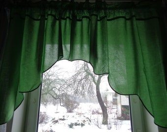 Vintage kitchen curtain H36"x W84" Solid green Cotton scalloped valance