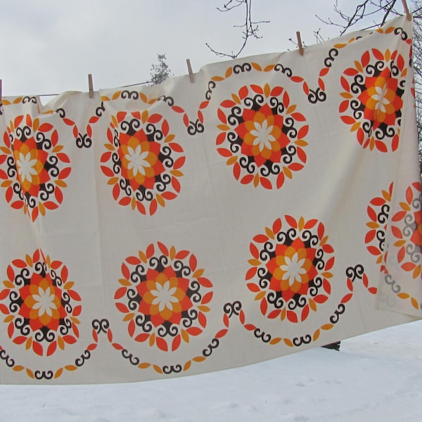 Scandinavian Vintage Tablecloth; Ecru Cotton Tablecloth with Stylized Floral Print; Orange / Yellow / Brown Tablecloth Size 37.5" x 62"