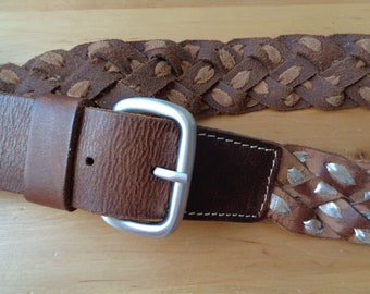 Vintage genuine leather weaved belt; Light Brown & Silver Color Belt size M for 33"- 37"