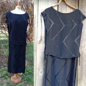 Finnish Vintage Dress; Black Viscose Dress Size S / M; Boat Neck Layered Dress; Vintage Sleeveless Dress Made in Finland