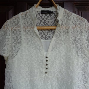 Swedish vintage lace blouse by KappAhl. Milk white Nylon lace blouse with strap top lining. Short sleeve top Vtg
