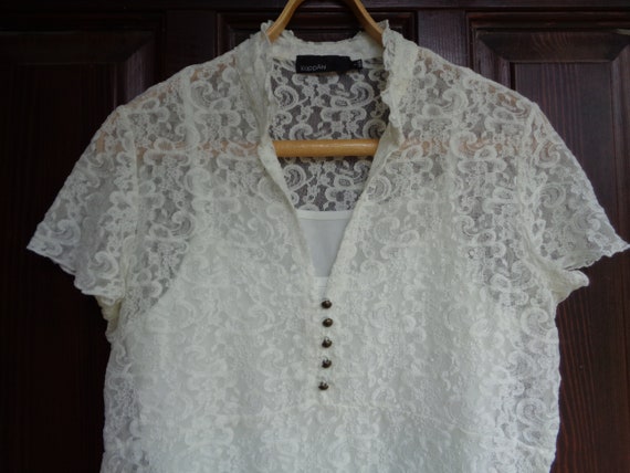 Swedish Vintage Lace Blouse by Kappahl. Milk White Nylon Lace