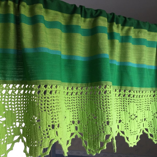 Vintage kitchen curtain, Vivid striped green valance with crochet lace H15"x 56"