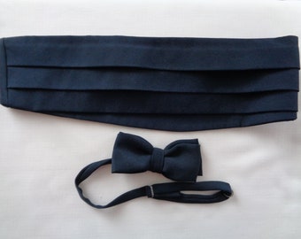 Vintage handmade cummerbund & Bow tie; Solid Navy waist band for 31"-34" and bow tie