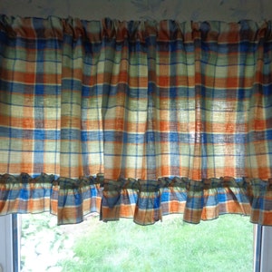Vintage kitchen curtain H19"x W69" Plaid cotton valance with frill